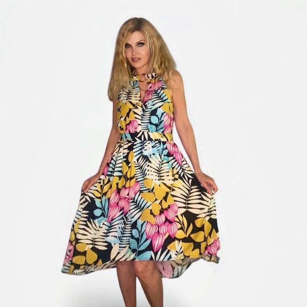 Lascana Multicolored Hi-Low Floral Midi Dress with Chocker Style Neckline S/M